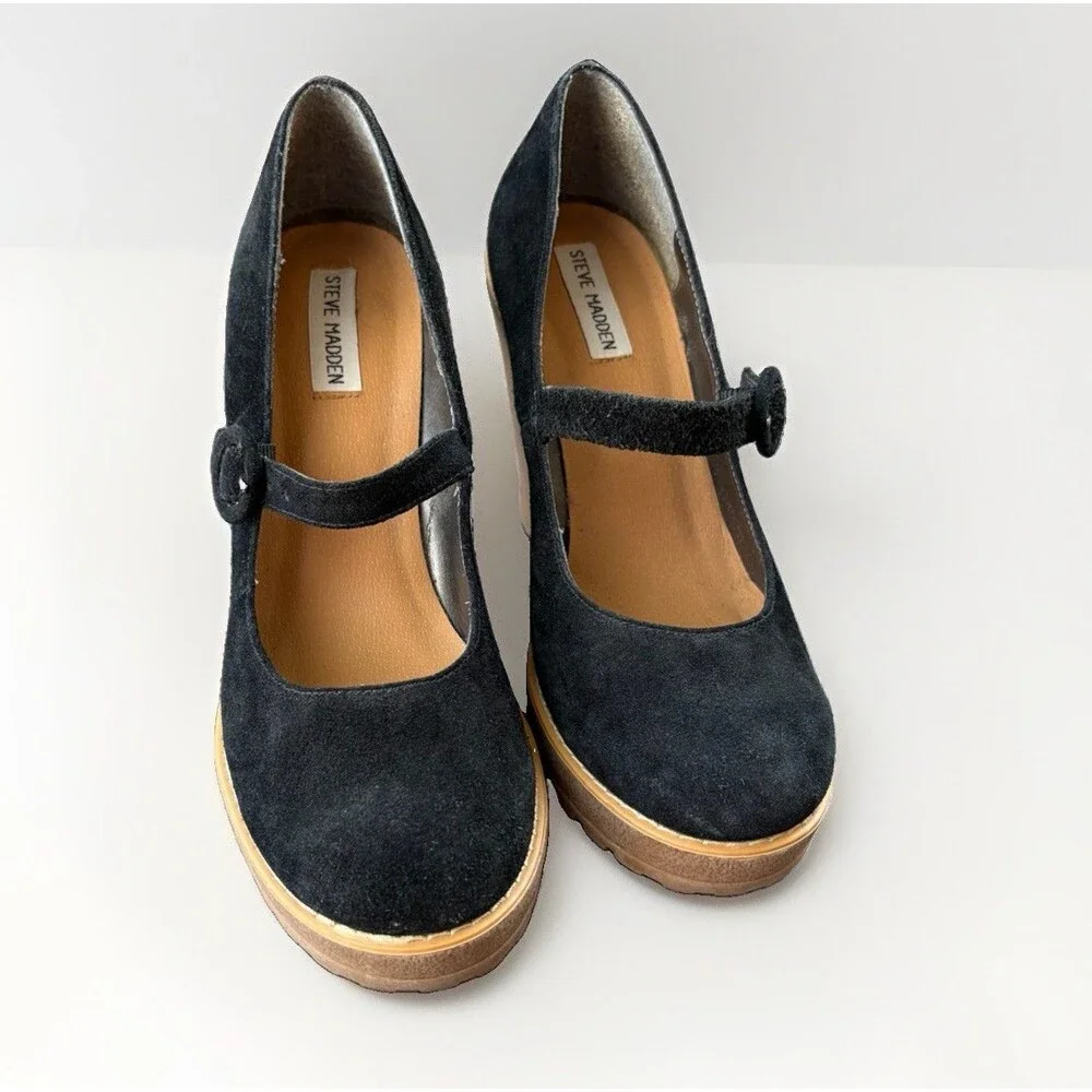 Steve Madden Meliny Black Suede Platform Mary Jane Chunky Heel Pumps Shoes 9.5